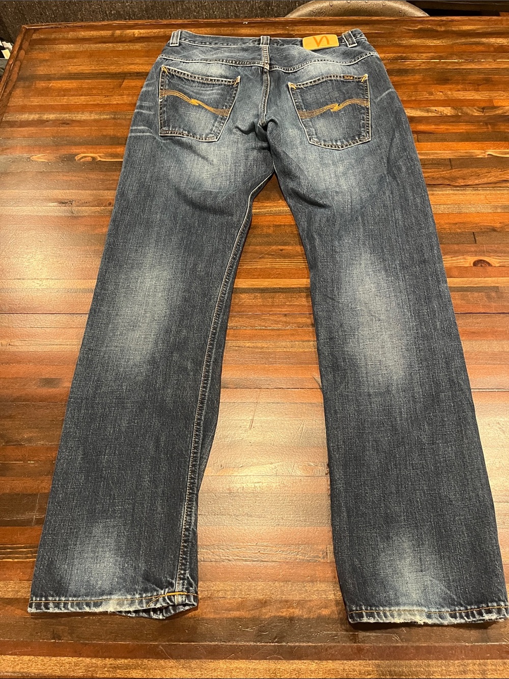 Nudie Jeans Straight Leg Washed Blue Denim with Tan Stitching size 34/34